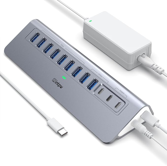 YH9AC Powered USB Hub 10Gbps, intpw 12-Port USB Splitter with USB A/USB C 3.2, 4 USB 3.0, 2 PD 45W Charging Ports, 65W Power Adapter + 3.3FT Cable, Aluminum USB Extender Hub for Laptop/PC/iPhone 16/15
