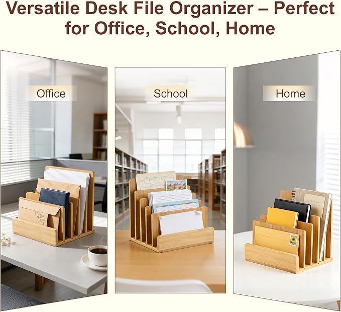 Bamboo Desk File Organizer, 5-Section Vertical Mail Sorter, Home Office Desktop Holder for Folders, Letters, Envelopes, Bills, Documents Storage