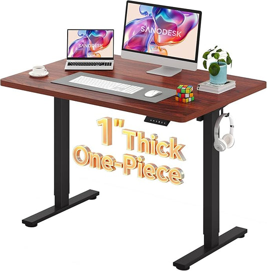 SANODESK Electric Standing Desk 48 x 30 Inches Whole-Piece Desktop Height Adjustable Stand Up Desk w/6-Button Controller Ergonomic Computer Desk for Home Office, Black Frame + Mahogany Tabletop