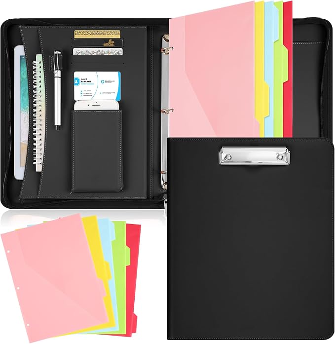 Gilprop Portfolio with 3 Ring Binder, Binder Padfolio with Zipper for Women Men, Leather Business Folder Organizer, 5 Folder Divider Pages for Tablet Resume Documents Business Cards(Black)