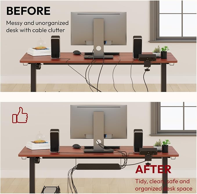 SANODESK Electric Standing Desk with Clamp Power Strip 60"x 24" Whole-Piece Desktop Height Adjustable Stand Up Desk with Cable Management Home Office Desk Black Frame/Mahogany Top