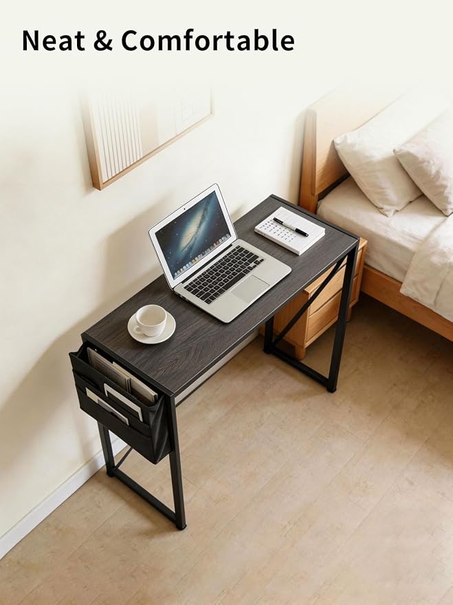 Modern Foldable Writing Computer Desk with Storage Bag, No-Assembly Study Office Desk Foldable Table for Small Spaces, Home Office (Black Oak, 39.4 inch)