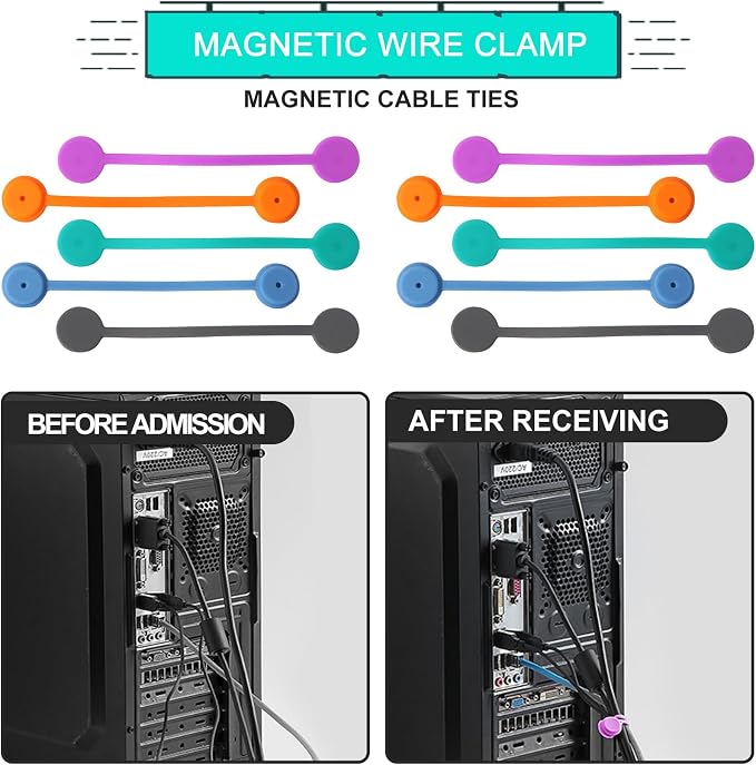 Kanemc Magnetic Cable Ties,Silicone Cord Ties Twist Ties(10PCS,Multicolor) | Reusable Magnetic Cable Organizer,Magnetic Cord Ties with Strong Magnet for Cable Bundling,Earphone Cords Wrap for Travel