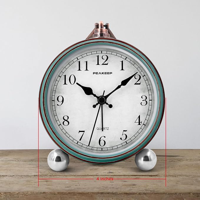Peakeep 4" Small Battery Operated Antique Retro Analog Alarm Clock | with Contour Lines in Gold for Room Decor, Silent Elegant Bedside Desk Table Gift Clock