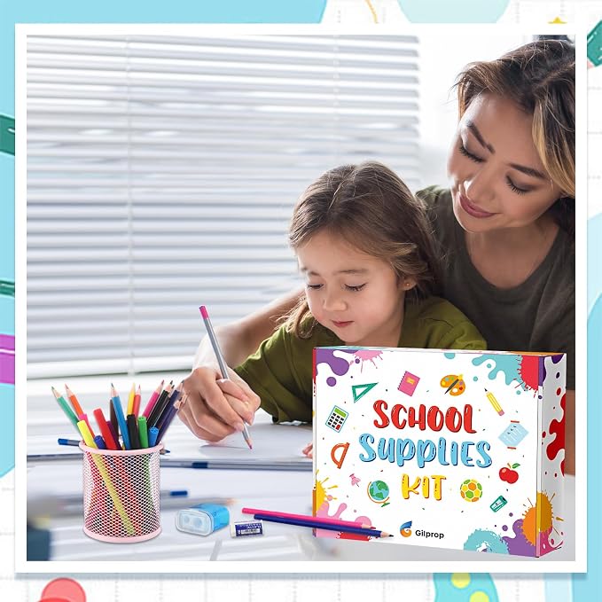 Gilprop 1 Set School Supply Kit 97 Pcs Per Set Back to School Essentials Bundle Pencils Scissors Glue Highlighter Marker Pen Notebook Eraser Sharpener Calculator Stapler for Middle High Students