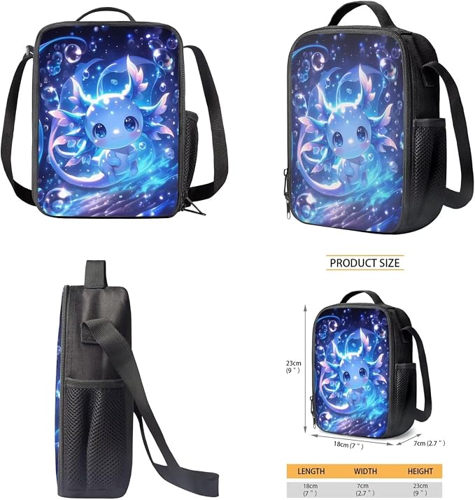 WELLFLYHOM Cute 17 Inch Axolotl Elementary School Backpack for Girls 6-11, Blue 4 PCS Backpack with Lunch Box, Kids Back to School Supplies, Mochilas Para Niñas
