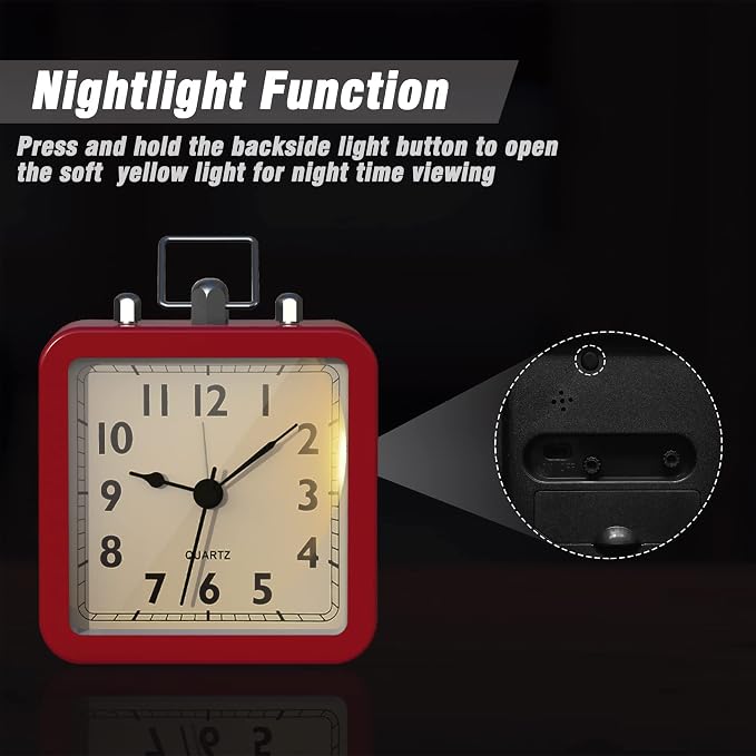 AYRELY® Small Metal Alarm Clock, Desk and Table Clock for Travel | Battery Operated Retro Silent Clock with Light for Bedroom, Bedside, Shelf and Living Room Decor (Matte Red)
