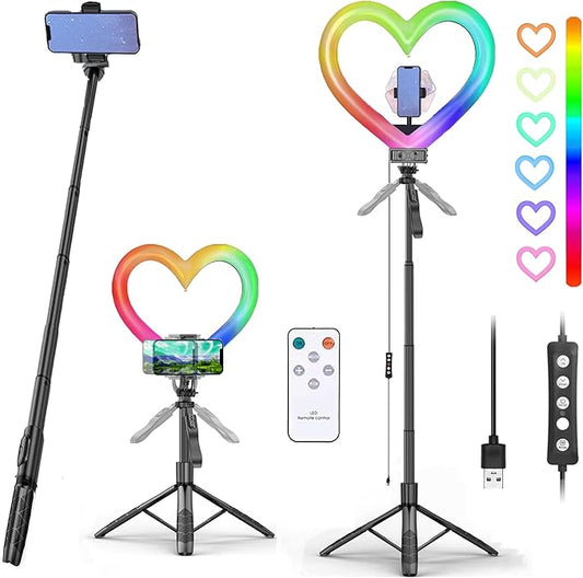 Heart Ring Light, 13" Desk Ring Light with Extendable Selfie Stick Stand for Laptop Video Conference Lighting with Phone Holder Height Adjustable 47 Color Modes for Live Stream/Makeup Compatible