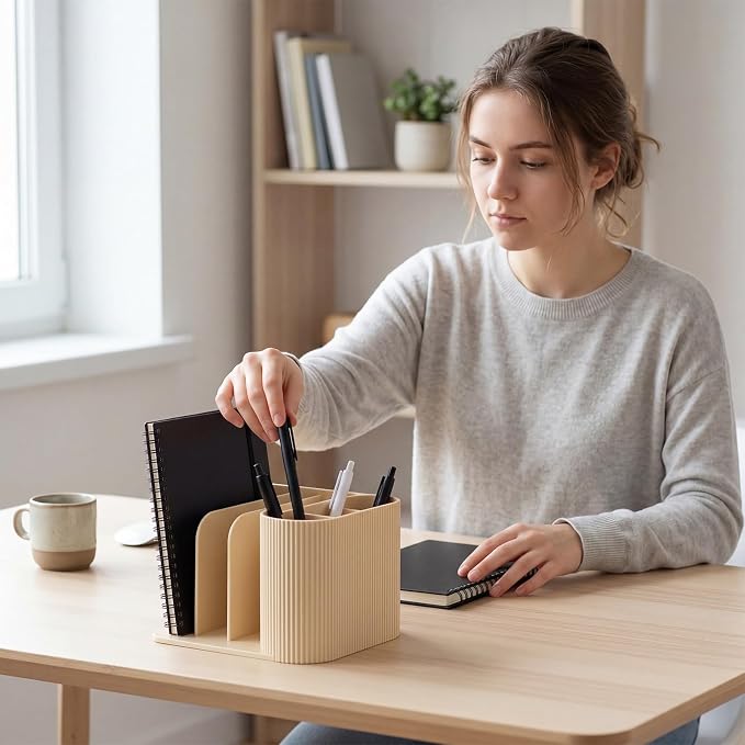 Ribbed Desk Organizer with 6 Compartments, Modern Aesthetic Desk Accessories for Men & Women, Cream Pen Holder Book Organizer Desktop Storage Caddy for Home Office School Workspace Decor