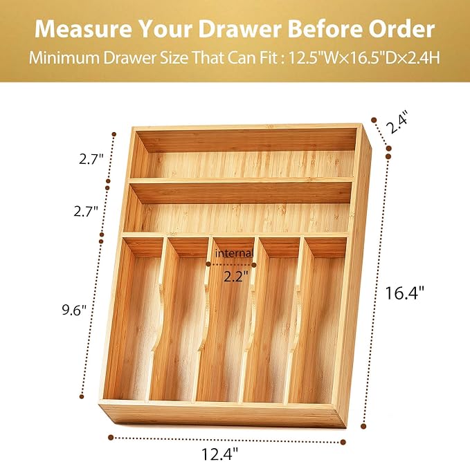 Kitchen Drawer Organizer, 12.5 Inch Silverware Utensil Tray Holder, Extra Deep, with Non-Slip Feet & Grooved Drawer Divider, 7 Slots Total Bamboo Wood Caddy for Flatware Cutlery Knives