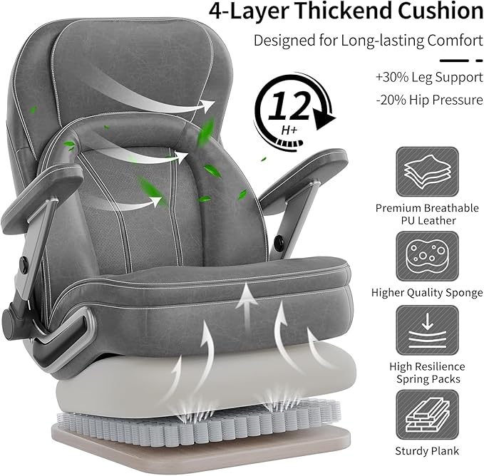 Big and Tall Office Chair, Heavy Duty Desk Chair with 5D Arms, Adjustable Lumbar Support & Height, Tilt Function, PU Leather High Back Ergonomic Executive Computer Chair