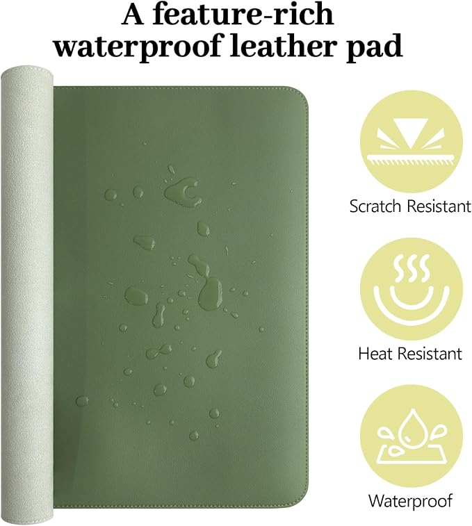 Green Leather Desk Pad Large Mouse Pad, 31.5"x15.7" | Waterproof Desk Mat for Keyboard and Mouse, Non-Slip Computer Desk Protector, Smooth Mouse Control for Home Office