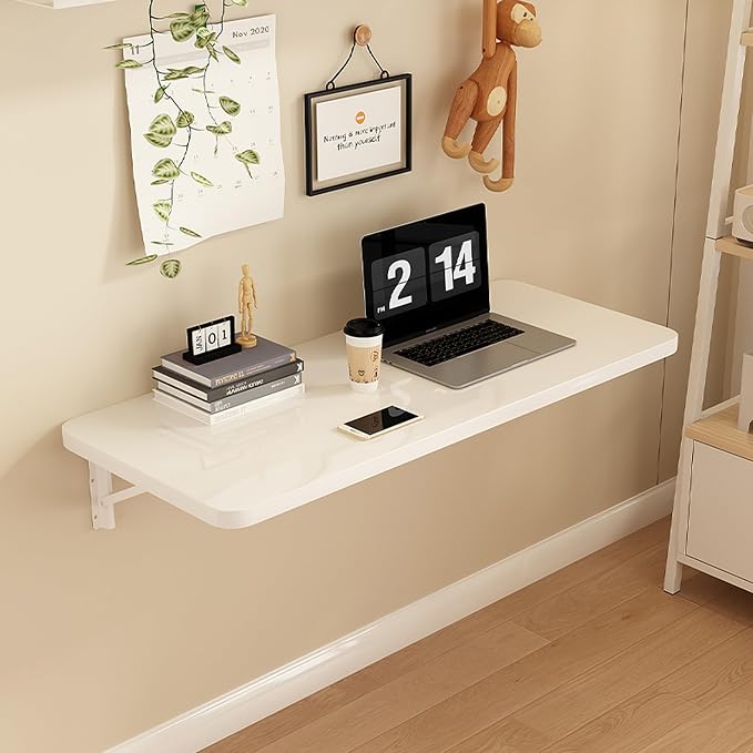 Wall Mounted Folding Table,floating desk for wall,folding wall desks for small spaces,hanging desk for Home Office Computer Workstation,Study Work Bench, Kitchen Dining (white, 23.6"×15.7"(60×40cm))