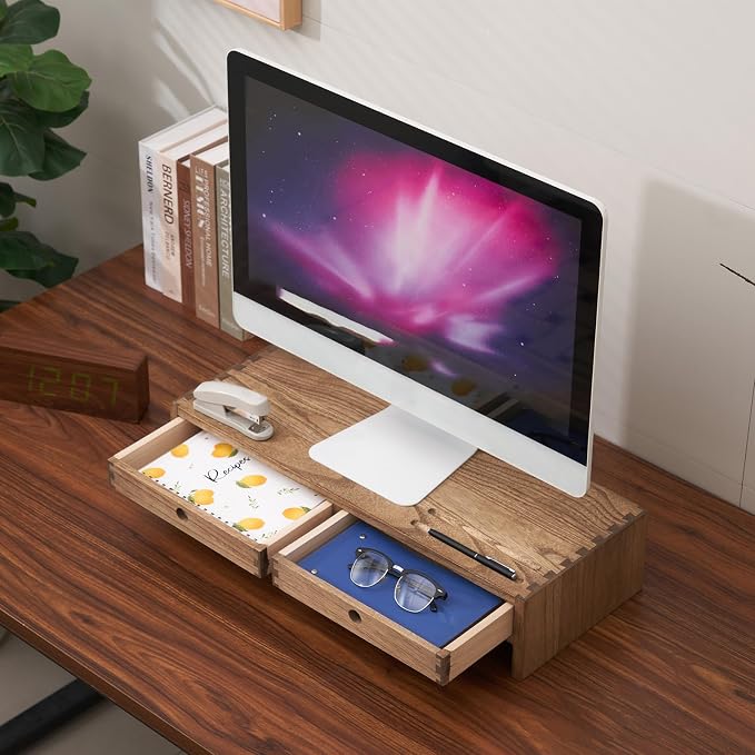 KIRIGEN Wood Monitor Stand with 2 Drawers, Solid Wood Computer Monitor Riser for Desk, Desktop Organizer Shelf with Cable Management, Pen Slots, Brown, No Assembly PMJ-DBR