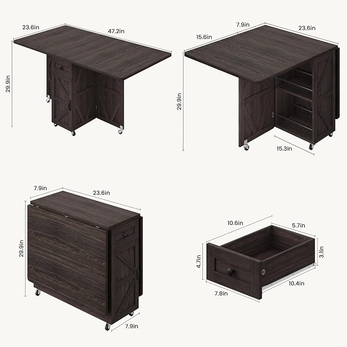 Space Saving Folding Dining Table for 2-4, Farmhouse Foldable Dining Table with Drawer and Storage Shelf, 6 Wheels Drop Leaf Kitchen Dining Room Table for Small Space (Walnut 47.2" x 23.6" x 29.5")