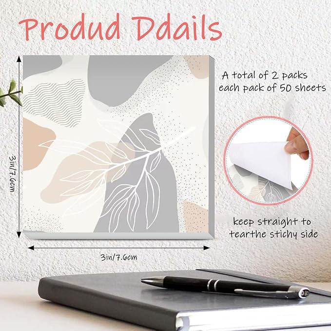 Sticky Notes 3x3 Inches, 2 Pads Cute Colorful Self-Stick Note Pads, Easy to Post for Home, Office and Daily Life Organization Boho Leave