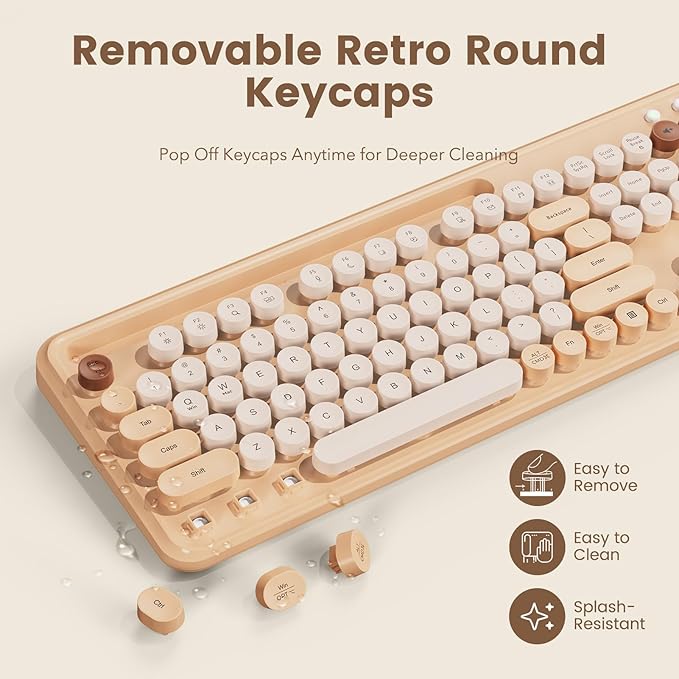 Wireless Keyboard and Mouse Combo, Retro Round Keycaps, Full-Size Typewriter Keyboard with Phone/Tablet Holder, Ergonomic Mouse with 3-Level DPI, 2.4GHz Connection for Windows/PC (Beige Colorful)