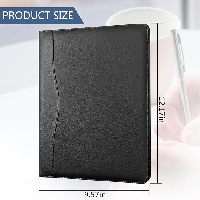 Padfolio Portfolio Folder Portfolio Organizer for A4 Size Pad - Faux Leather Folder with Storage Pocket, Card Holders & Pen Loop for Business Meeting, Office, Student (Black)