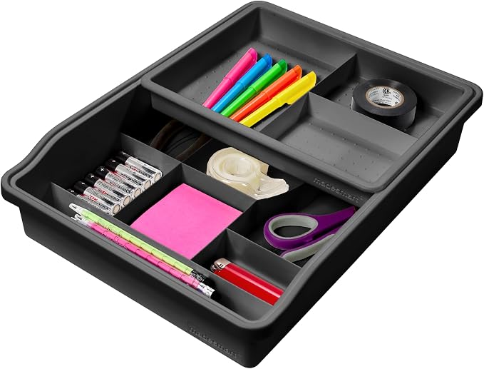 madesmart Classic Junk Drawer Organizer, Carbon | rounded corners, sliding top tray, removable upper level, 13 compartments, cords pens keys, woman owned