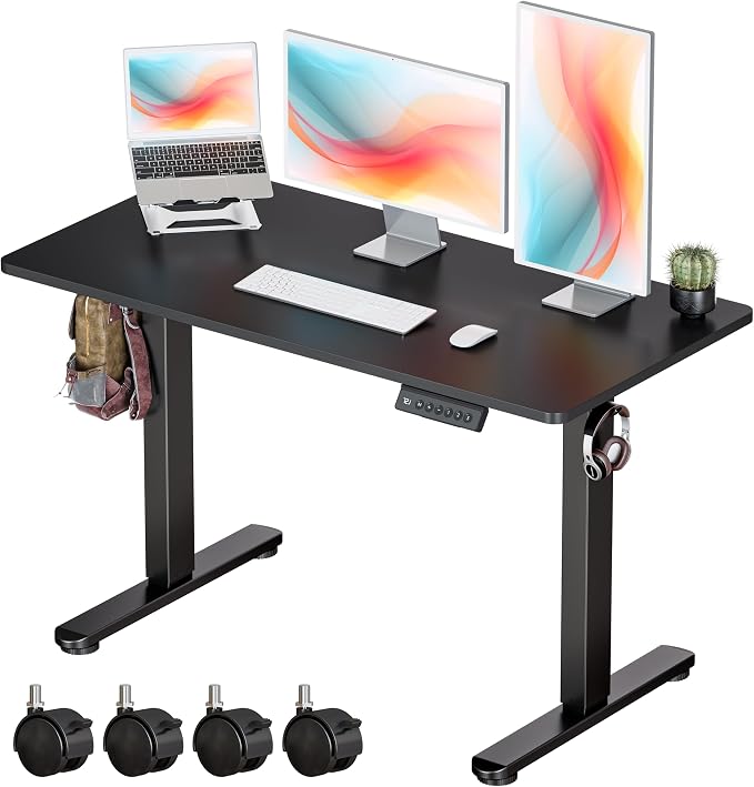 Okin Standing Desk Electric Adjustable Computer Whole Piece Stand up Desk with Wheels Office Gaming Home Office Memory Desks 48x24 inches Black