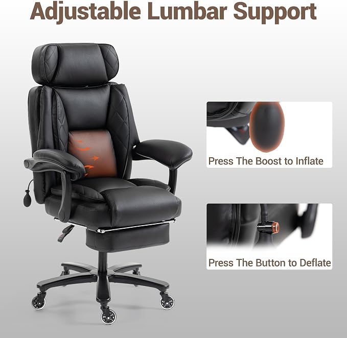 750 LBS Big and Tall Executive Home Office Chair w/Footrest, Black | PU leather, Built for Heavy People, Lumbar Airbag, High Back, Wide Seat, Reclining 90°-155°, Home Office Gaming Room