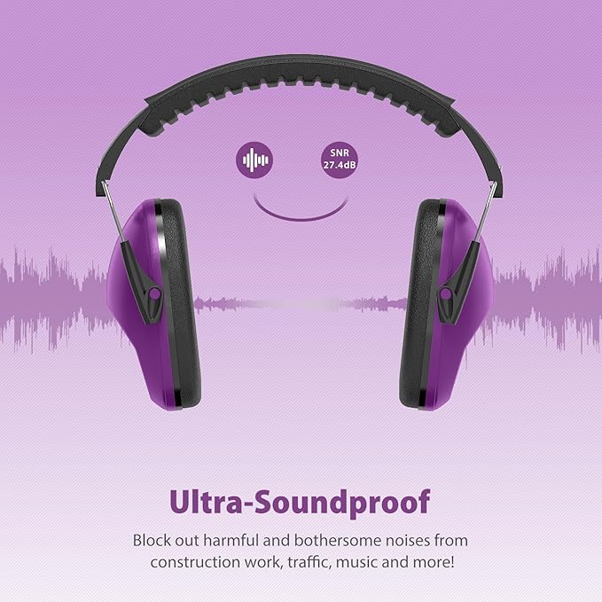 Ear Muffs for Noise Reduction SNR27.4 Kids Ear Protection with Adjustable Headband - Kids Noise Cancelling Headphones for Concerts, Football Game, Fireworks and Air Shows - Dark Purple