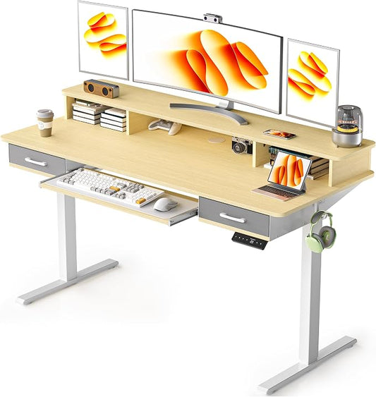 WALKINGDESK 63 Inches Electric Standing Desk with Keyboard Tray, Height Adjustable Sit to Stand Table with 2 Drawers, Ergonomic Home Office Desk with Storage Shelf, Computer Table, Oak