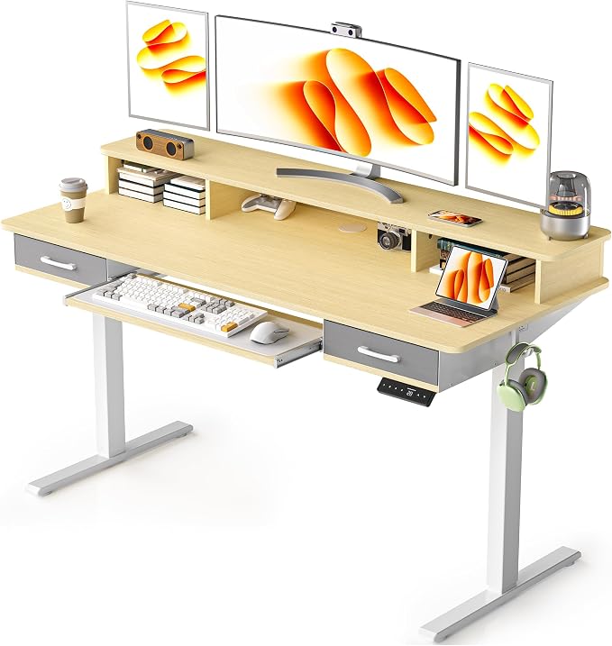 WALKINGDESK 55 Inches Electric Standing Desk with Keyboard Tray, Height Adjustable Sit to Stand Table with 2 Drawers, Ergonomic Home Office Desk with Storage Shelf, Computer Table, Oak