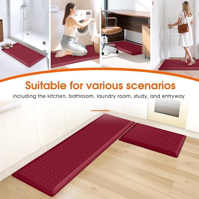 TranquilRelax 4/5 Inch Thick 2-Piece Anti-Fatigue Kitchen Mats, Cushioned Non-Slip Waterproof Sink & Stove Floor Mats, Comfortable Standing Rug Set for Kitchen, Laundry & Entryway, Red