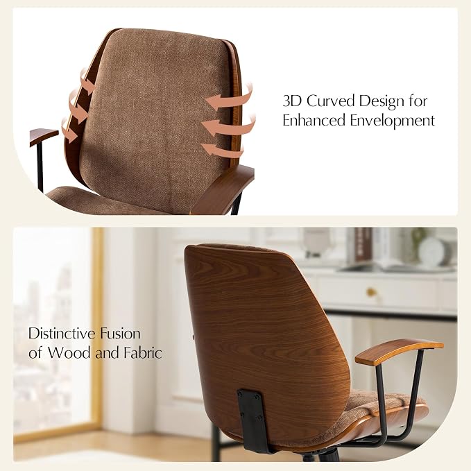 HULALA HOME Solid Wood Office Chair with Tilt Function & Metal Base, Camel | Mid Century Modern Desk Chair with Bent Wood Frame, 360° Swivel Fabric Computer Task Chair, Height Adjustable