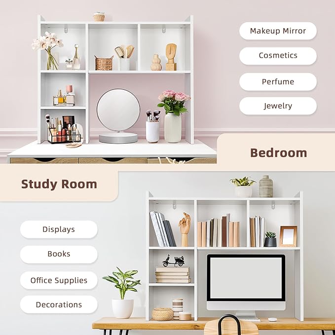 OOOK 35.5" L Dorm Desk Hutch White, Desktop Bookshelf with 5 Shelves | Multipurpose Desk Organizer for Dorm Office Home, 3-Tier Wooden Display Rack for Computer Desk