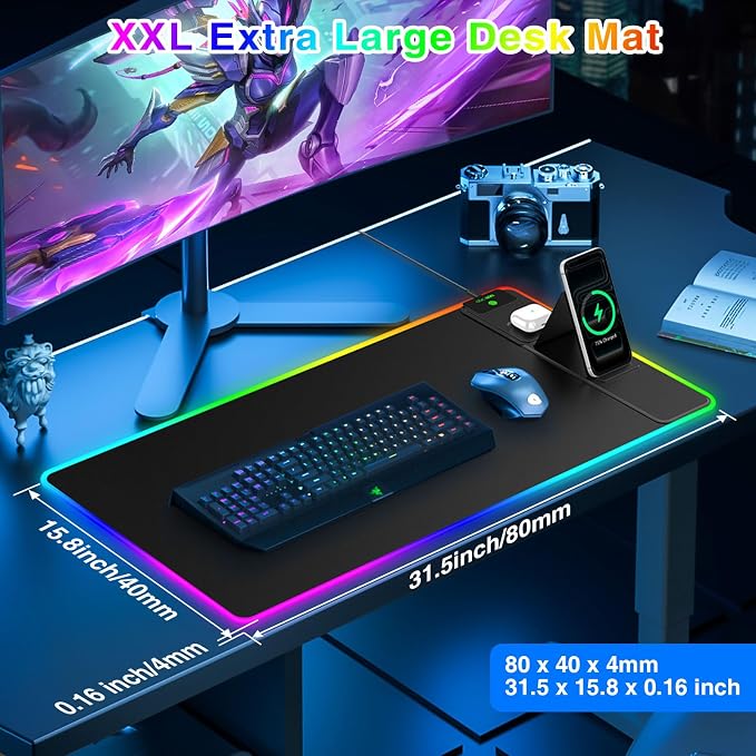 RGB Gaming Mouse Pad with Magnetic Wireless Charging & Foldable Phone Stand | 31.5"x15.8" XXL Large LED Mousepad with Stitched Edges, Ultra-Smooth Waterproof Surface, 25 Lighting Effects, Non-Slip Base