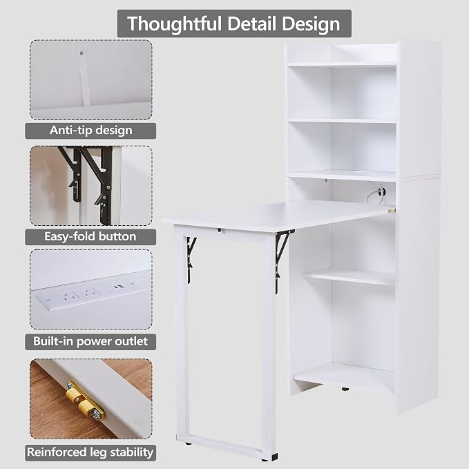 Foldable Desk with Storage,Hidden Desk with Built-in Socket,Fold Out Writing Table for Small Spaces,Home Office and Bedroom (White)