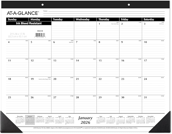 AT-A-GLANCE 2026 Desk Calendar, Desk Pad, Monthly, 21-3/4" x 17", Large, Ruled Blocks, 3 Pack (AZSK240026), White