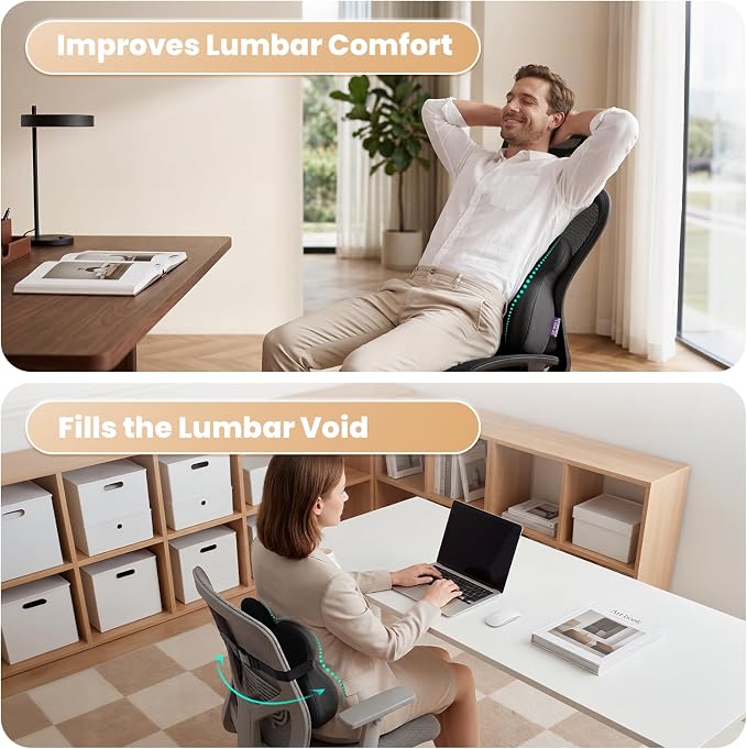 ZZ-WELL Lumbar Support Pillow for Office Chair - Ergonomic Back Support Cushion for Mid Lower Back Pain Relief, Posture Improved - Adjustable Straps, Breathable & Removable Cover (Black)