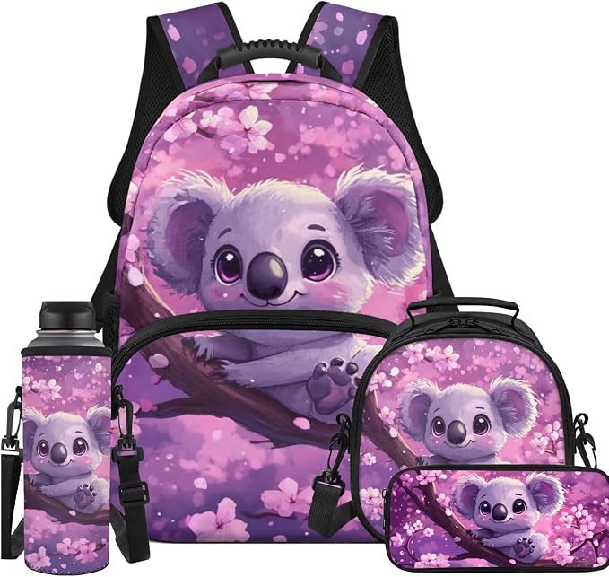 Ystardream Lovely Koala Backpack for School Girls Backpack with Lunch Box Set for Kids Primary School Backpacks Matching Lunch Bag & Water Bottle Sleeve & Pencil Case Cherry Blossom Design Dayapck