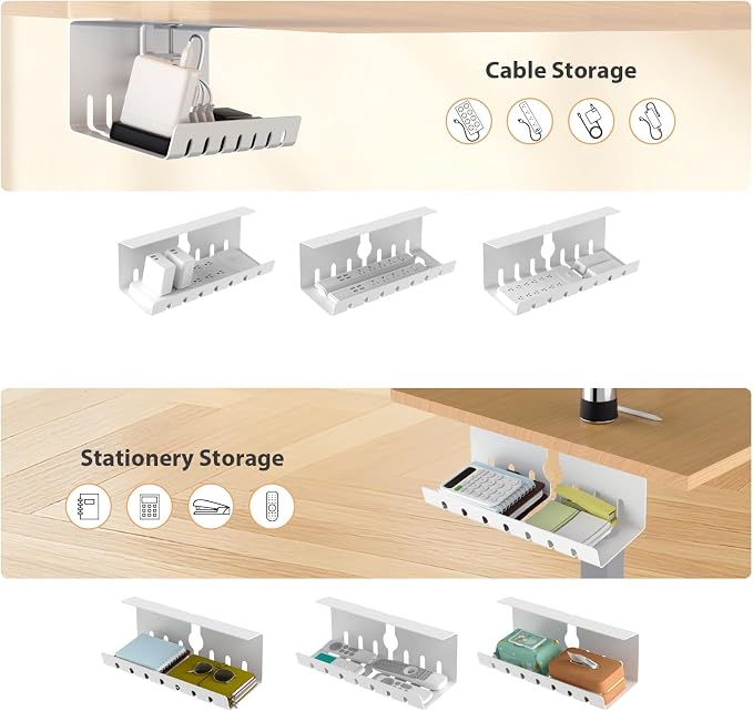 Syeeiex Under Desk Cable Management Tray, Cord Management, White, 17inch | No-Drill C-Clamp and Screw Mount, Metal Desk Wire Organizer for Office Home Workspace, Cord Organizer with 10 Cable Ties