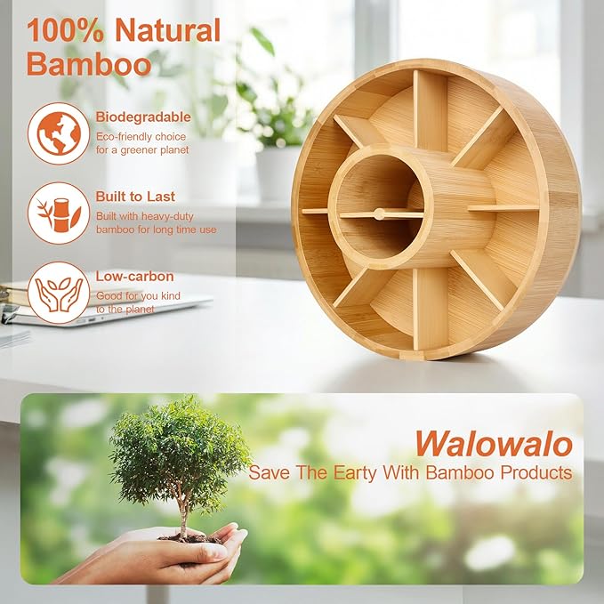 Marker Organizer Rotating Bamboo Desk Organizer, Silent 360° Rotation Caddy, 10 INCH LARGE Art Supply Caddy Holds 140+ Markers, 750+ Pencils for Home Office, Classroom, Birthday Gift, 10 Compartment
