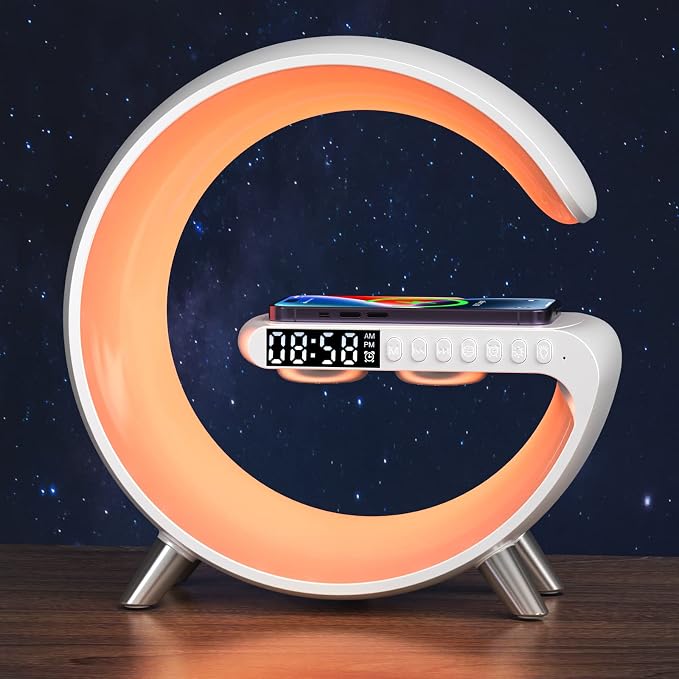 Smart Wireless Charging Alarm Clock with Bluetooth Speaker, App Controlled Bedside Lamp Table Light and Night Light, Bedroom Home Decor, Gift for Girls Boys and Family for Birthday Christmas (White)