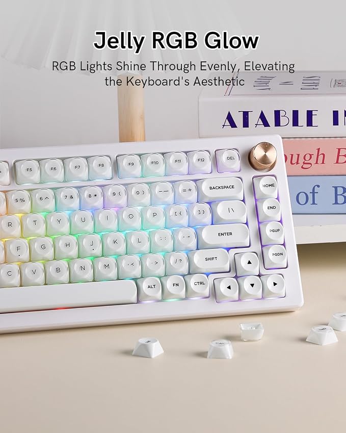 PBT Keycaps, MOA Profile White Jelly Keycaps, 129 Keys Cute Custom Key caps for MX Switches Mechanical Keyboard, Compatible with 60%, 65%, 75%, 96%, Full-Sized Layout