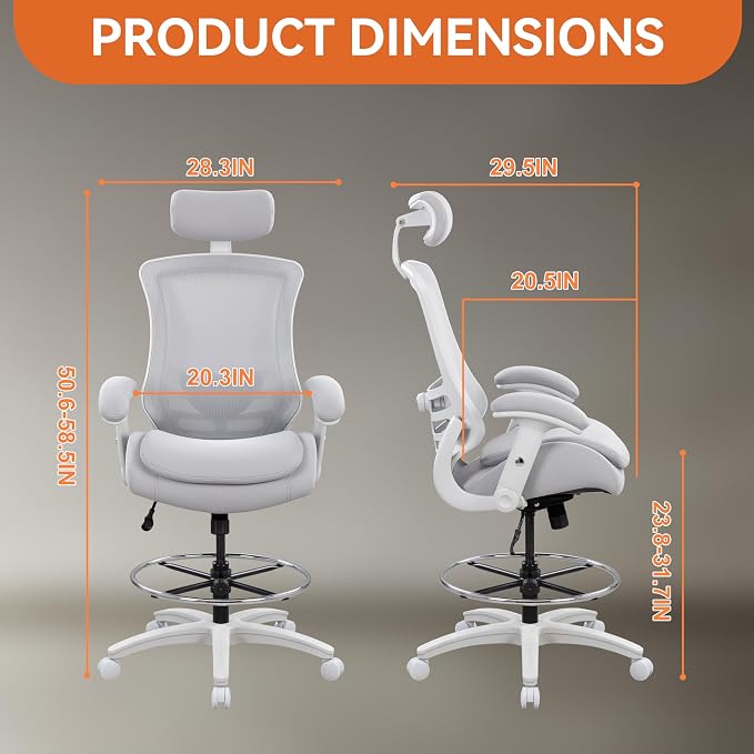 BOLISS Ergonomic Drafting Chair High Back for Standing Desk-Grey | Tall Office Chair Double-Layer Seat Cushion, Adjustable Headrest & Lumbar Support, Flip-Up & Height Adjustable Arms