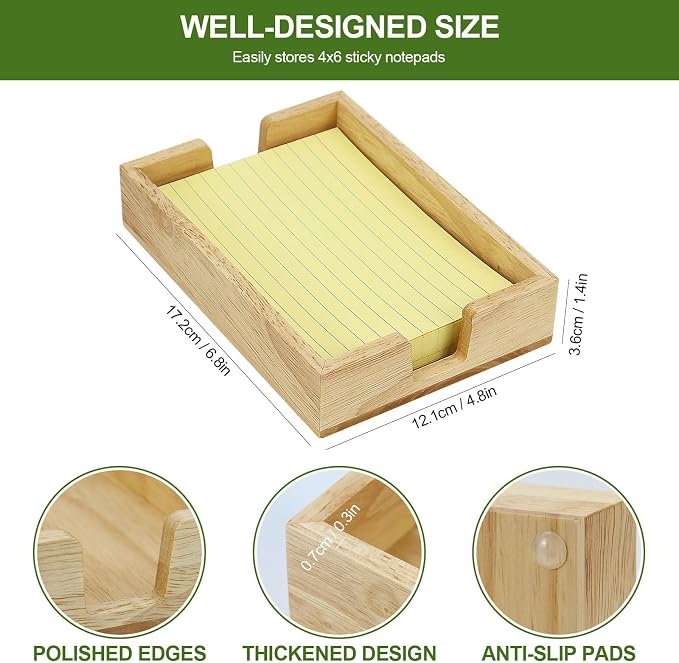MultiBey Rubber Wood Sticky Note Holder - 4x6 Inch Note Pad Dispenser | Self-Stick Note Pad Holder Dispenser Case, Wooden Memo Pads Organizer for Office Desk Accessories & School Supplies