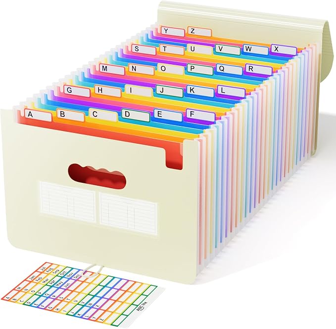 ABC life 26-Pocket Accordion File Organizer, Expanding File Folder, Letter/A4 Size Plastic Monthly Bill & Tax Receipt Holder with A-Z Tabs for Home, Office, Classroom - Beige Color