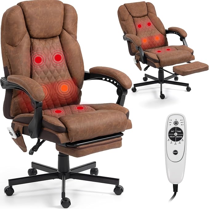 Heated Massage Executive Office Desk Chair with Footrest - Brown | 6 Points Vibration Massage System, 5 Massage Modes, 3 Target Areas (Back,Lumbar,Seat), Reclining 90°-135°