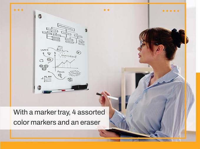 Real Glass Dry Erase Board, 18" x 24", Tempered Glass Surface, Frameless Wall Mount, with 4 Assorted Color Markers and Eraser, by Better Office Products (Bright White)