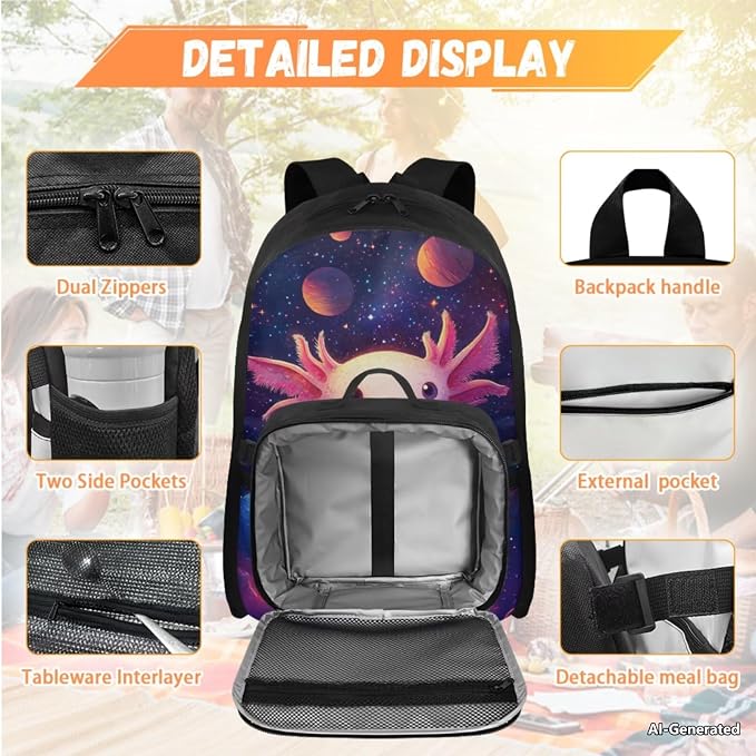 Doojoayie Cute Axolotl Backpack for Girls 6-8 8-10 School Bag Kids Backpack and Lunch Box Set of 4 with Water Bottle Holder, Pencil Case Heavy Duty Bookbag for Teen Girls
