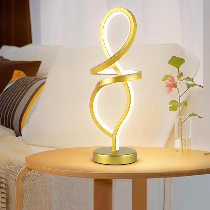 Mayful Modern RGB Table Lamp with 15W LED Unique Spiral Design, Gold Small Nightstand Lamp & Bedside Lamps, Touch Dimmable with 7 Colors & 10 Modes for Bedroom, Living Room, Home Office