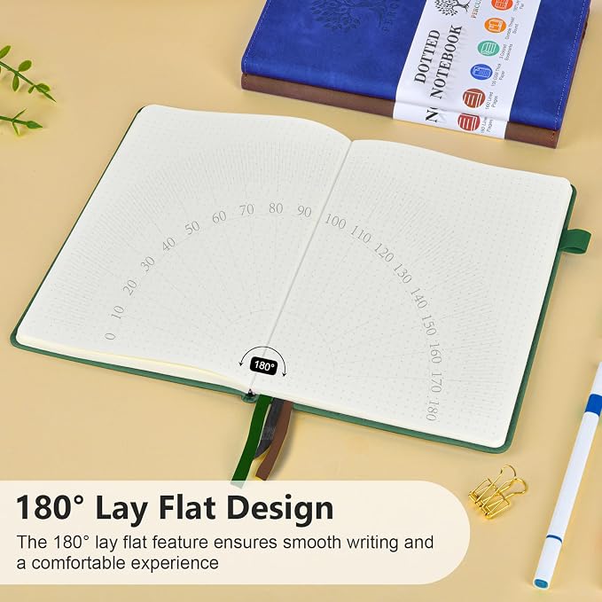 PERCUN Dotted Journal Notebook for Men & Women, 160 Pages Dot Grid notebook, A5 Hardcover Leather Bullet Journaling for Writing, Work, School, Travel, Daily Diary 5.9" x 8.5" (Green)