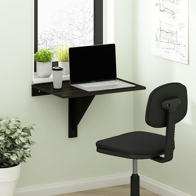 Furinno Hermite Black Folding Table, Wall Mount Floating Table, 23.6 x 30.4 x 17.3, Easy Assembly, for Living Room, Office, Bedroom, Apartment, Black Espresso