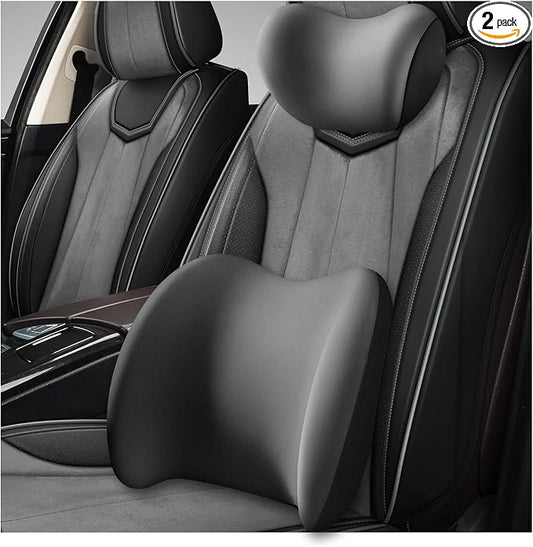 2 PCS Car Headrest & Lumbar Support Cushion, Ergonomic Memory Foam Lumbar Pillow Neck Rest Cushion, Breathable Back Pillow & Headrest Support for Driving Seat, Car Accessories (Gray)
